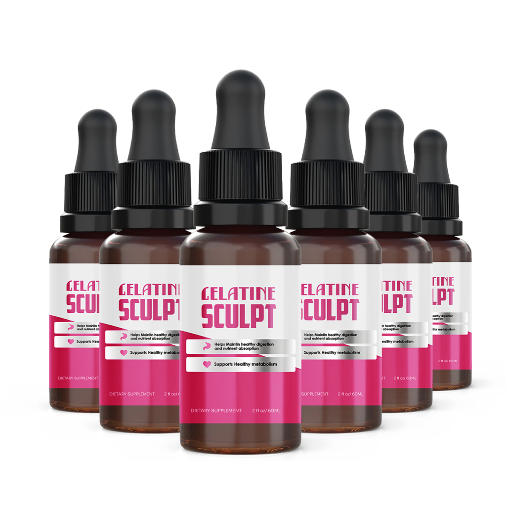 Promotional bundle featuring 6 bottles of the Gelatine Sculpt supplement with maximum factory discount for long-term weight management.