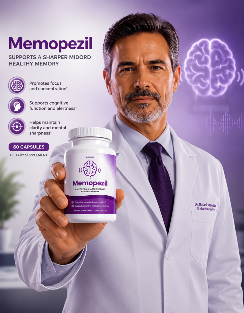Medical professional in a white lab coat holding a bottle of Memopezil supplement, verifying its formula ingredients and quality control standard.