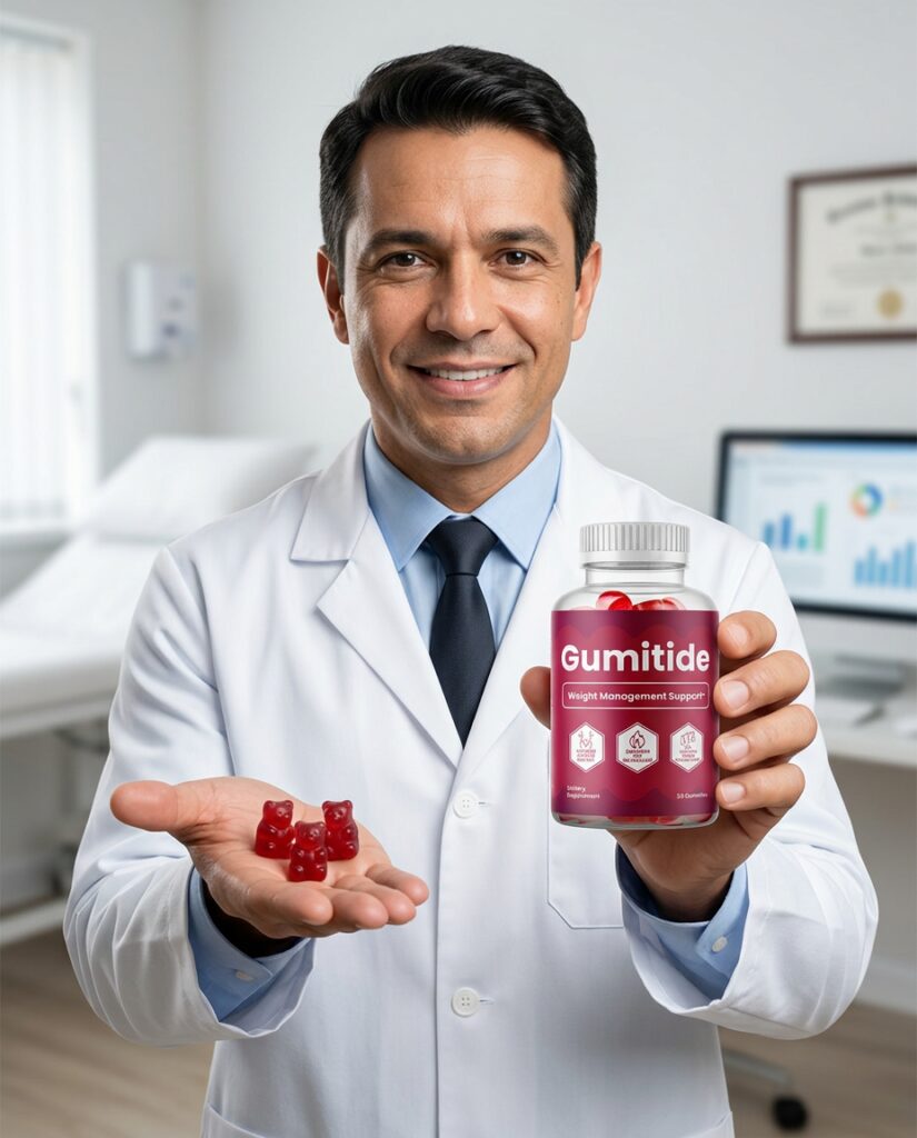 Medical professional in a white lab coat holding a bottle of GumiTide, verifying its formula quality and manufacturing standards.