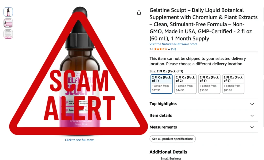 Important security notice warning about counterfeit Gelatine Sculpt listings on third-party websites and the necessity of purchasing the original product from the official site.