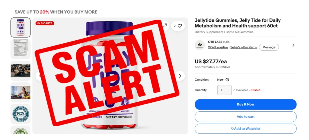 Urgent consumer protection alert warning against third-party replica listings and fake Jelly Tide vendors online.