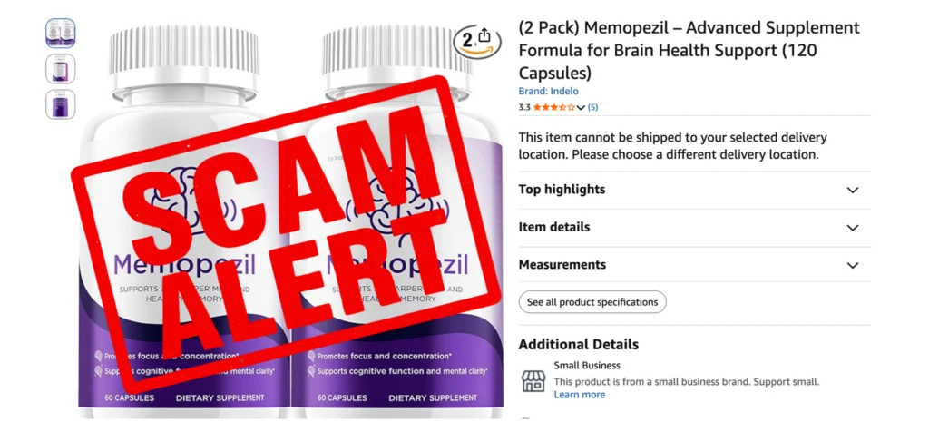 Urgent consumer alert warning against third-party replica listings and fake vendors selling unauthorized Memopezil bottles online.