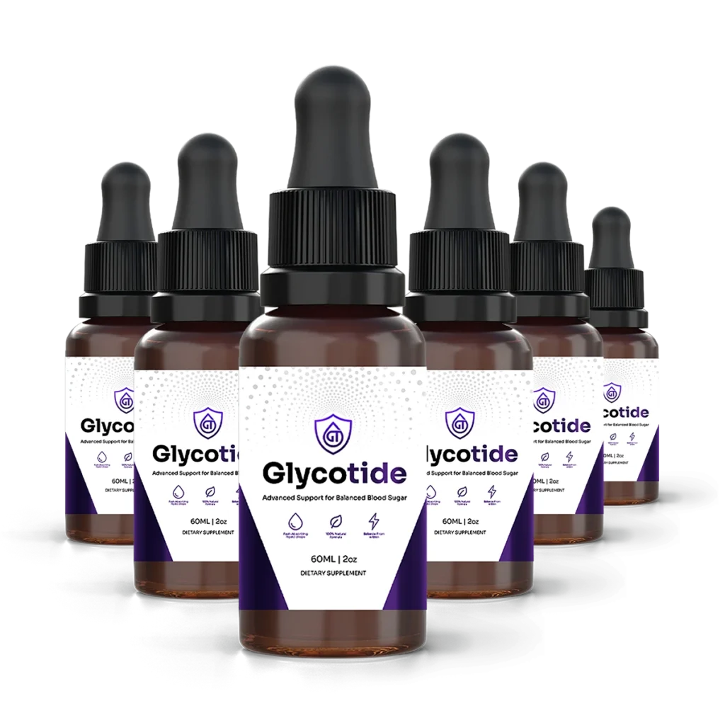 GlycoTide review featuring the official blood sugar support supplement bottle surrounded by natural herbal ingredients representing healthy glucose metabolism.