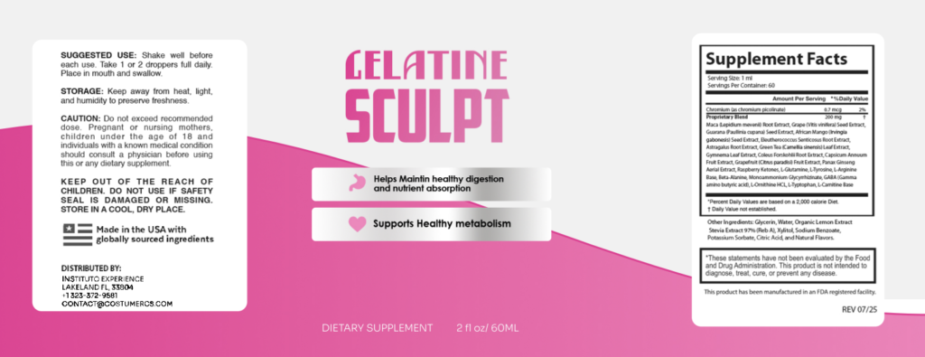 seals for the Gelatine Sculpt product, indicating manufacturing in the USA inside an FDA-registered and GMP-certified facility.