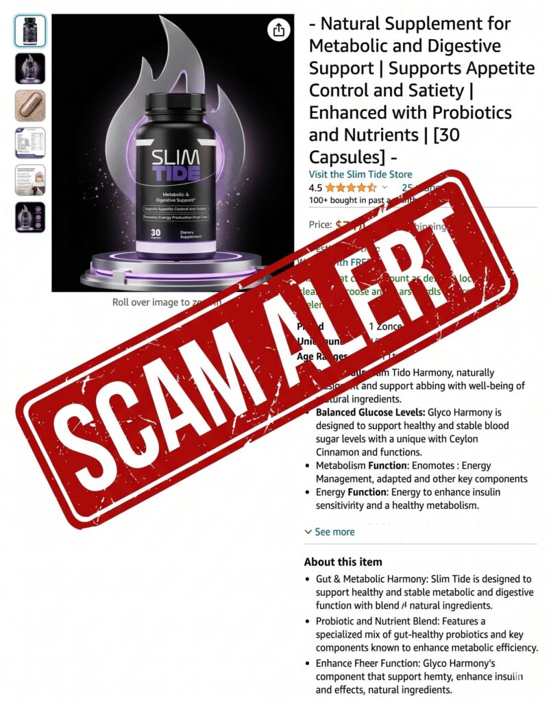 Urgent consumer protection alert warning against third-party replica listings and fake SlimTide vendors online.