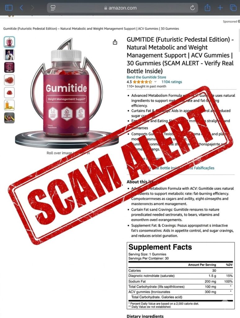 Urgent consumer protection alert warning against third-party replica listings and fake GumiTide vendors online.