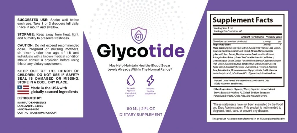 GlycoTide supplement facts label displaying the transparent blend of natural ingredients, clinical dosages, and essential vitamins for glucose control.
