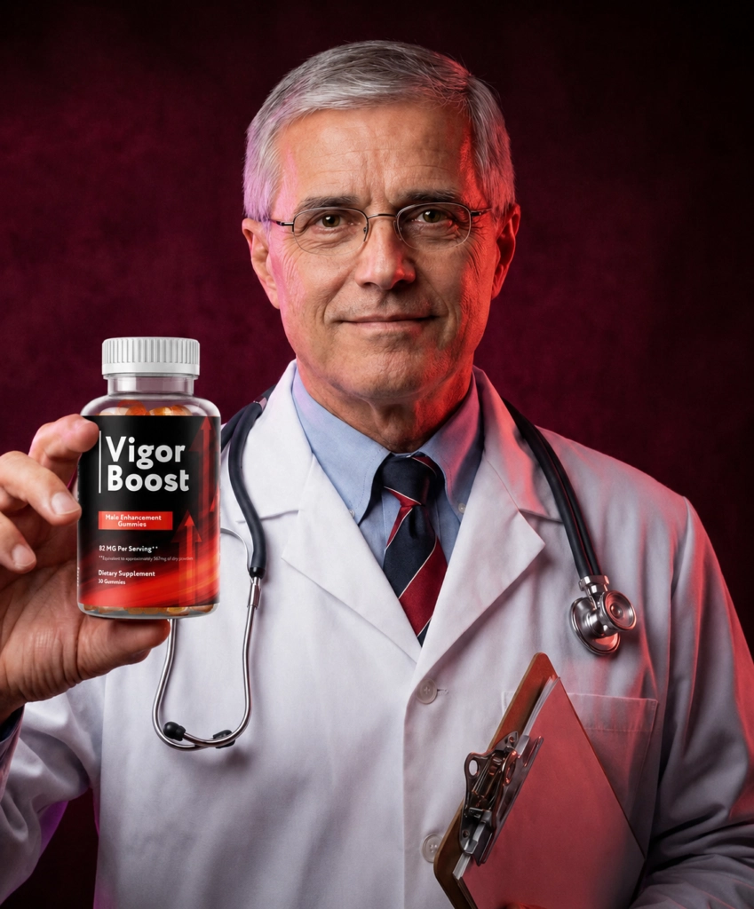 Professional doctor in a white lab coat holding a bottle of VigorBoost supplement to endorse its health benefits.