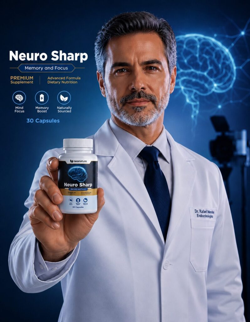 Scientific infographic illustrating how Neuro-Sharp active capsules increase cerebral blood flow, promote neurotransmitter health, and enhance brain cell communication.