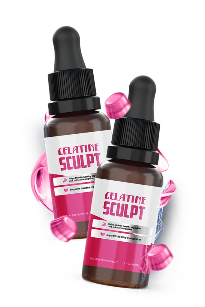 Análise visual do frasco oficial do Gelatine Sculpt para o controle natural do apetite e queima de Visual analysis of the official Gelatine Sculpt supplement bottle for natural appetite control and fat burning on an expert review page.