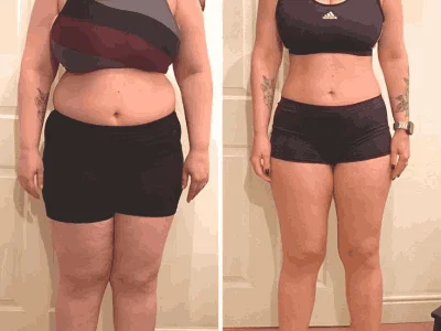 Before and after progress of customer Patricia M. using Gelatine Sculpt consistently for waistline reduction and looser fitting clothes.