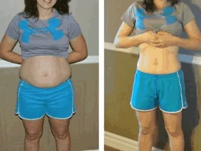 Before and after progress of customer Patricia M. using Gelatine Sculpt consistently for waistline reduction and looser fitting clothes.