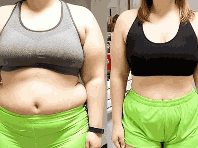Before and after progress of customer Patricia M. using Gelatine Sculpt consistently for waistline reduction and looser fitting clothes.