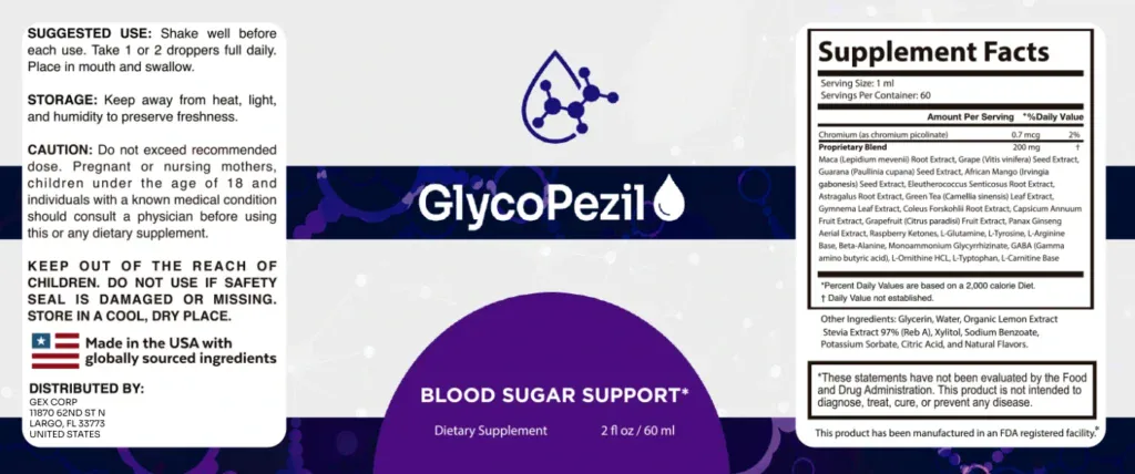 A set of quality trust seals for the Glycopezil product, indicating manufacturing in the USA inside an FDA-registered and GMP-certified facility.