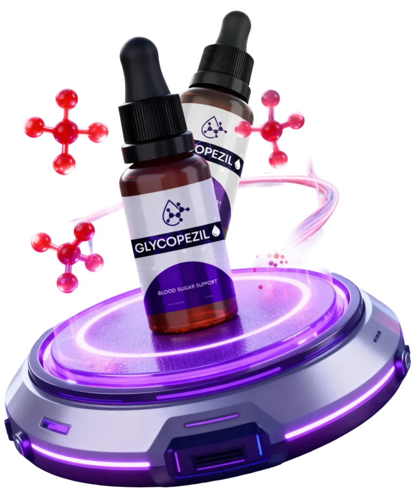 A bottle of Glycopezil natural supplement drops for blood sugar support and metabolic health, positioned vertically against a clean background. Ideal for individuals seeking natural glycemic control.