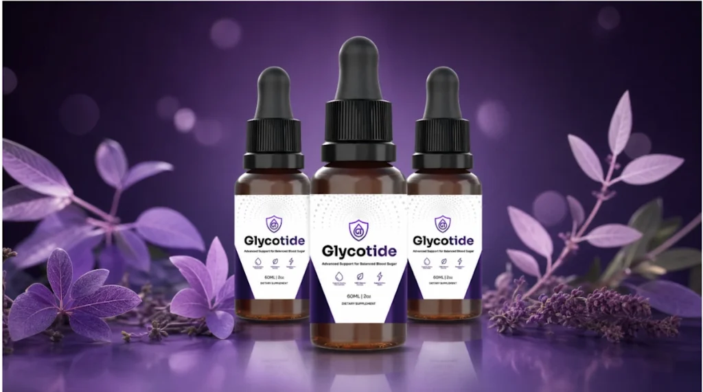 GlycoTide review featuring the official blood sugar support supplement bottle surrounded by natural herbal ingredients representing healthy glucose metabolism.
