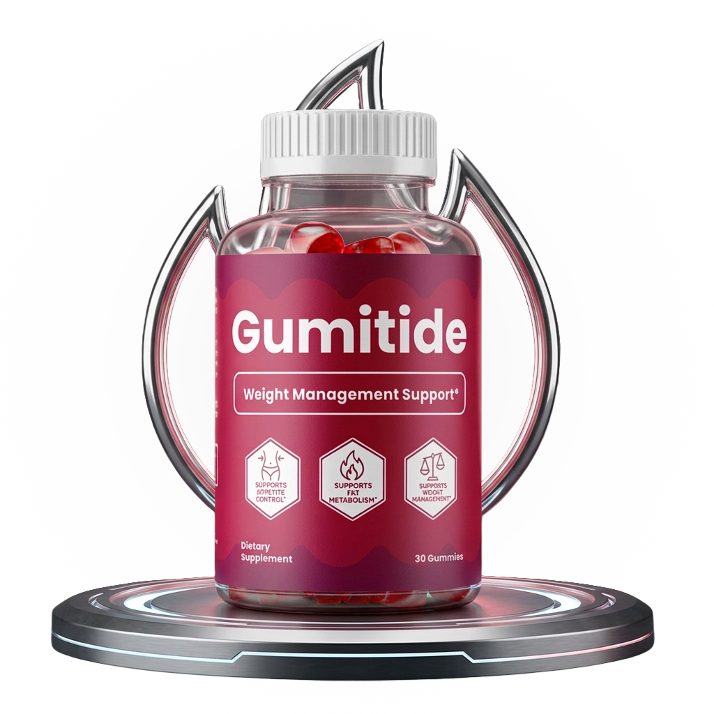 Visual analysis of the official GumiTide supplement bottle for target health results on an expert review page.