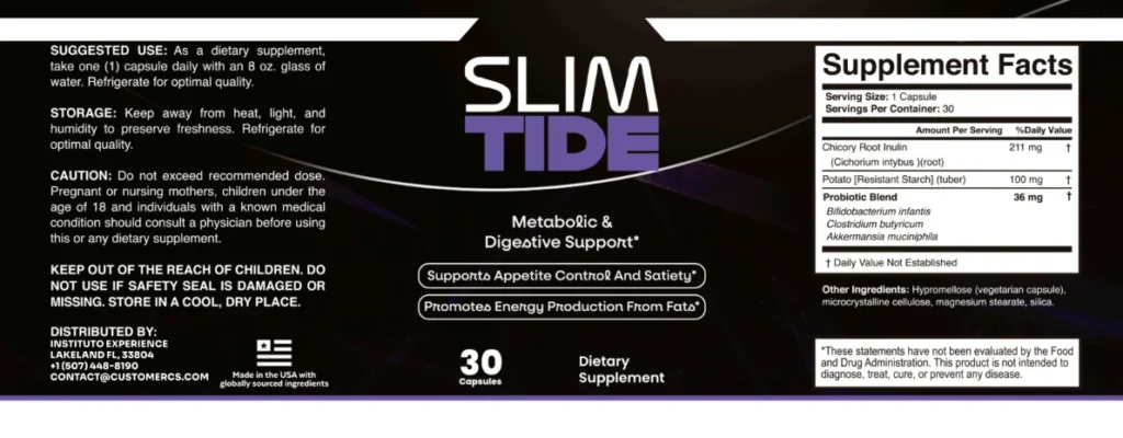 Detailed infographic breaking down the active ingredients and nutritional facts inside the SlimTide formula.