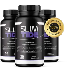 Visual analysis of the official SlimTide supplement bottle for natural weight management on an expert review page.