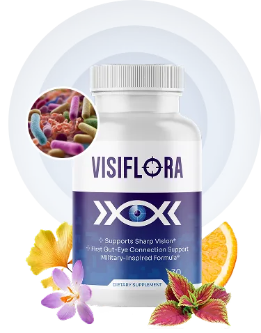 VisiFlow review featuring the official eye health and vision support supplement bottle positioned next to vibrant botanical extracts representing optimal macula and retina defense.