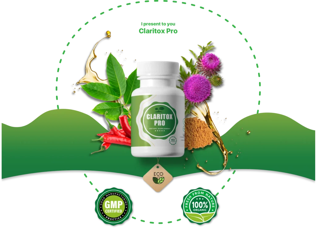 Claritox Pro review featuring the official dietary supplement bottle for balance support next to a graphic representation of steady inner ear functions and natural extracts.