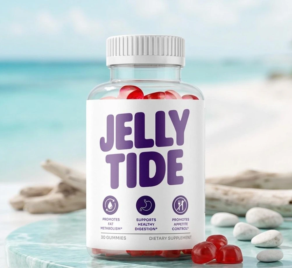 Visual analysis of the official Jelly Tide supplement bottle for target health results on an expert review page.