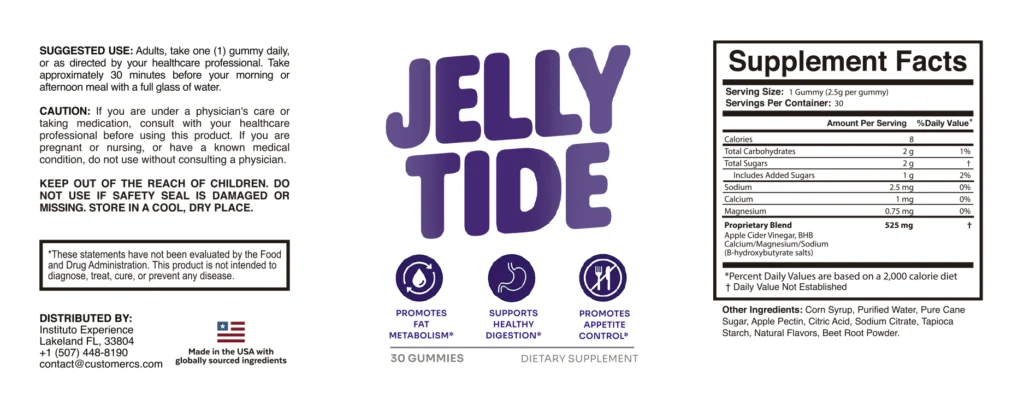 Detailed infographic breaking down the active ingredients and nutritional facts inside the Jelly Tide formula.
