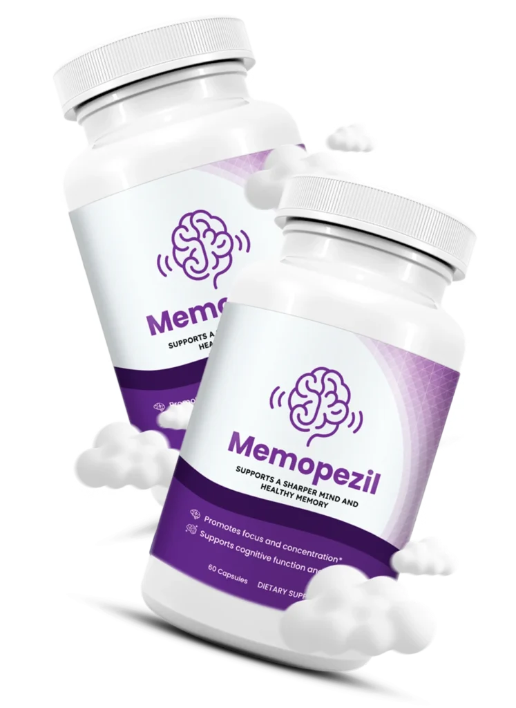 Memopezil supplement bottle on a clean workspace desk next to a laptop, representing focus and cognitive support for working professionals.