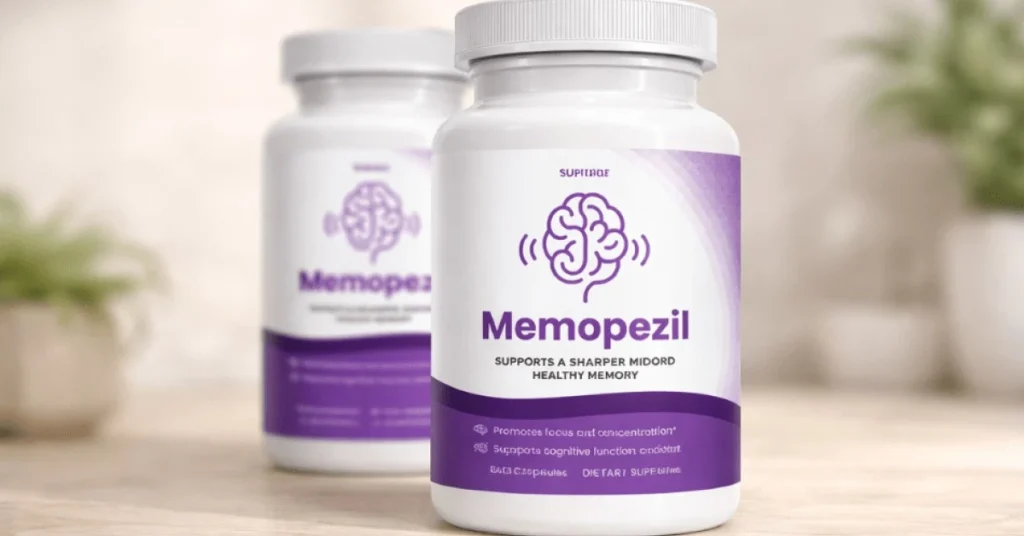 Visual analysis of the official Memopezil supplement bottle for cognitive support and memory enhancement on an expert review page.