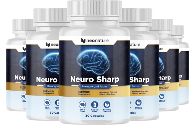 6 singles bottle of Neuro-Sharp premium dietary supplement containing 60 capsules for natural cognitive enhancement, memory support, and laser-sharp mental focus.enhancement, memory support, and laser-sharp mental focus.abstract glowing neural networks representing mental clarity, focus, and memory support.