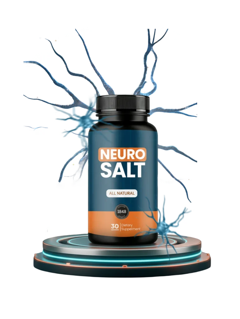 NeuroSalt review featuring the official dietary supplement bottle positioned next to raw pink Himalayan salt crystals and botanical ingredients representing brain health and nerve support.