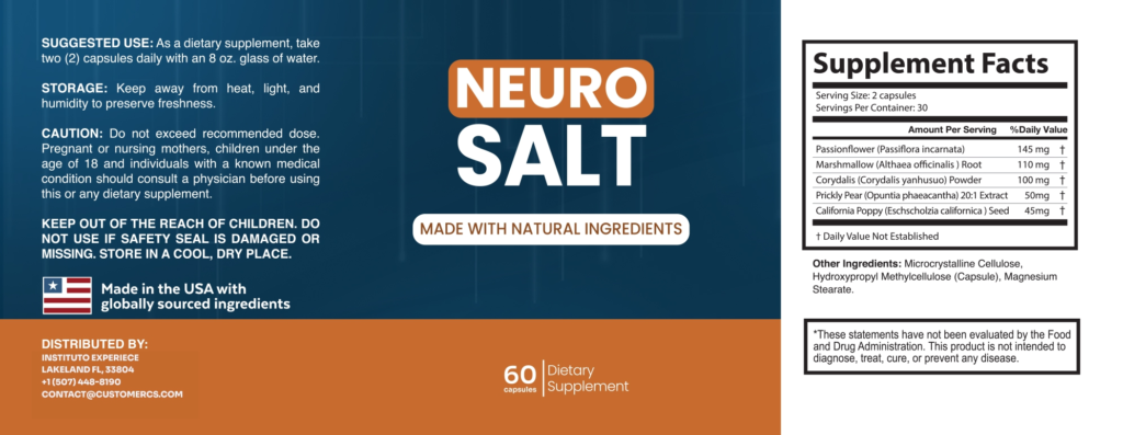 Scientific infographic illustrating how NeuroSalt ingredients support cellular energy, boost mitochondrial function, and enhance nutrient flow to nerve endings.