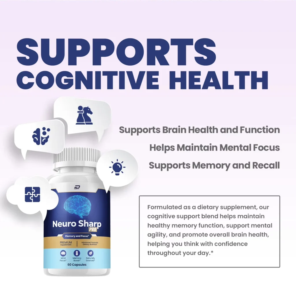 Scientific infographic illustrating how Neuro-Sharp active capsules increase cerebral blood flow, promote neurotransmitter health, and enhance brain cell communication.