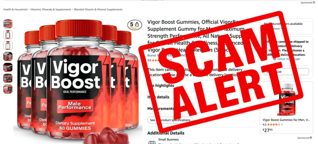 "Security warning graphic advising buyers to avoid marketplace counterfeits and purchase VigorBoost exclusively from the verified supplier."