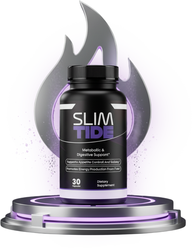 Visual analysis of the official SlimTide supplement bottle for natural weight management on an expert review page.