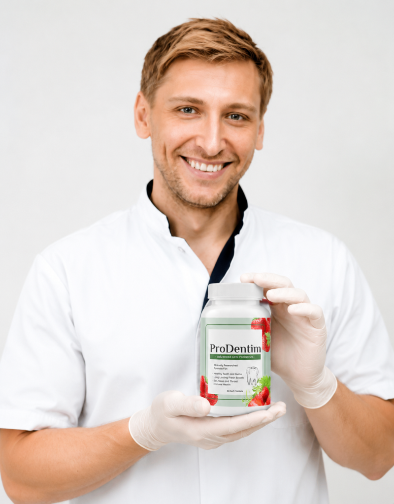 A professional male dentist in a white coat holding a bottle of ProDentim probiotic supplement to validate dental safety.