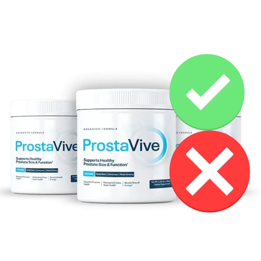 Comparison graphic showing a green checkmark on the original ProstaVive bottle and a red X on unverified market offers.