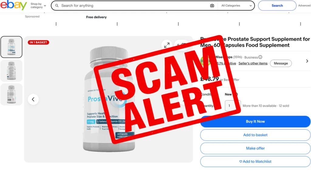 A red stamp graphic reading Scam Alert placed over a blurred supplement bottle to warn buyers against counterfeit vendor websites.