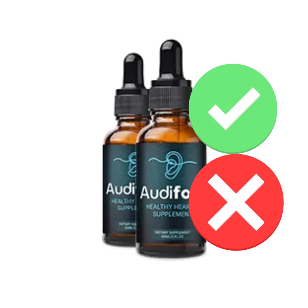 Comparison graphic displaying a green checkmark on original Audifort bottles and a red X on unverified copycat sellers.