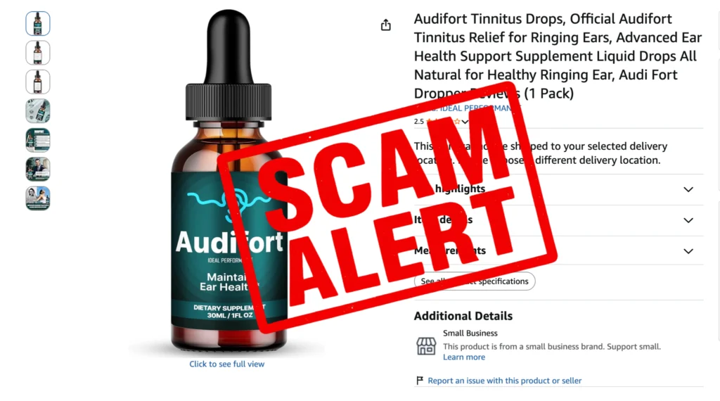 Audifort tinnitus relief drops review scam warning badge overlaying fake third-party vendor listings.