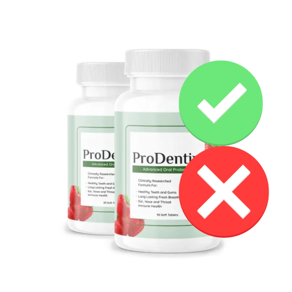 Comparison graphic showing a green checkmark on original ProDentim bottles and a red X on unverified imitation listings.