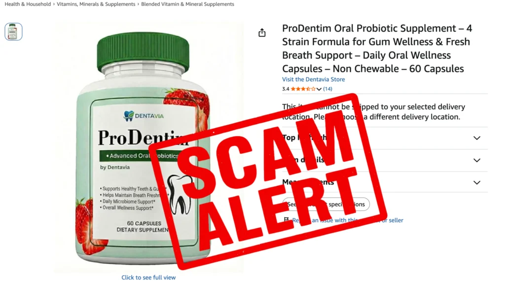 Urgent red Scam Alert stamp overlaying an unverified online store listing of ProDentim capsules.