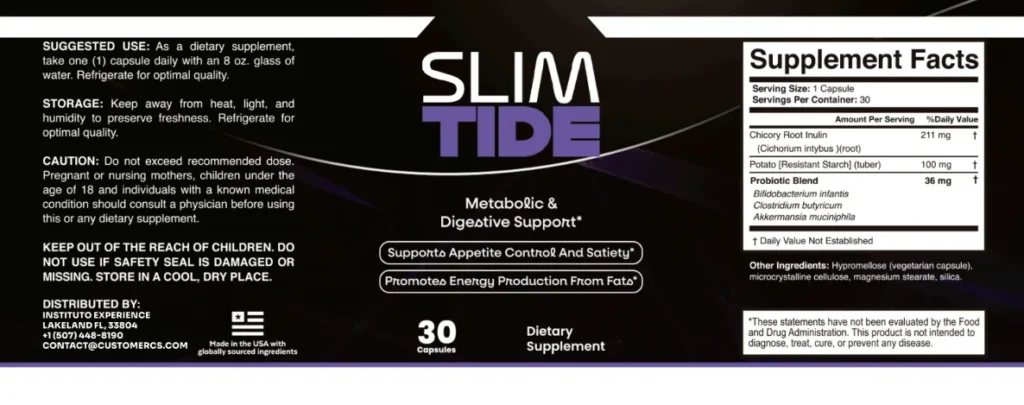 Official SlimTide product logo highlighting the metabolic and digestive support tagline on a sleek dark background.