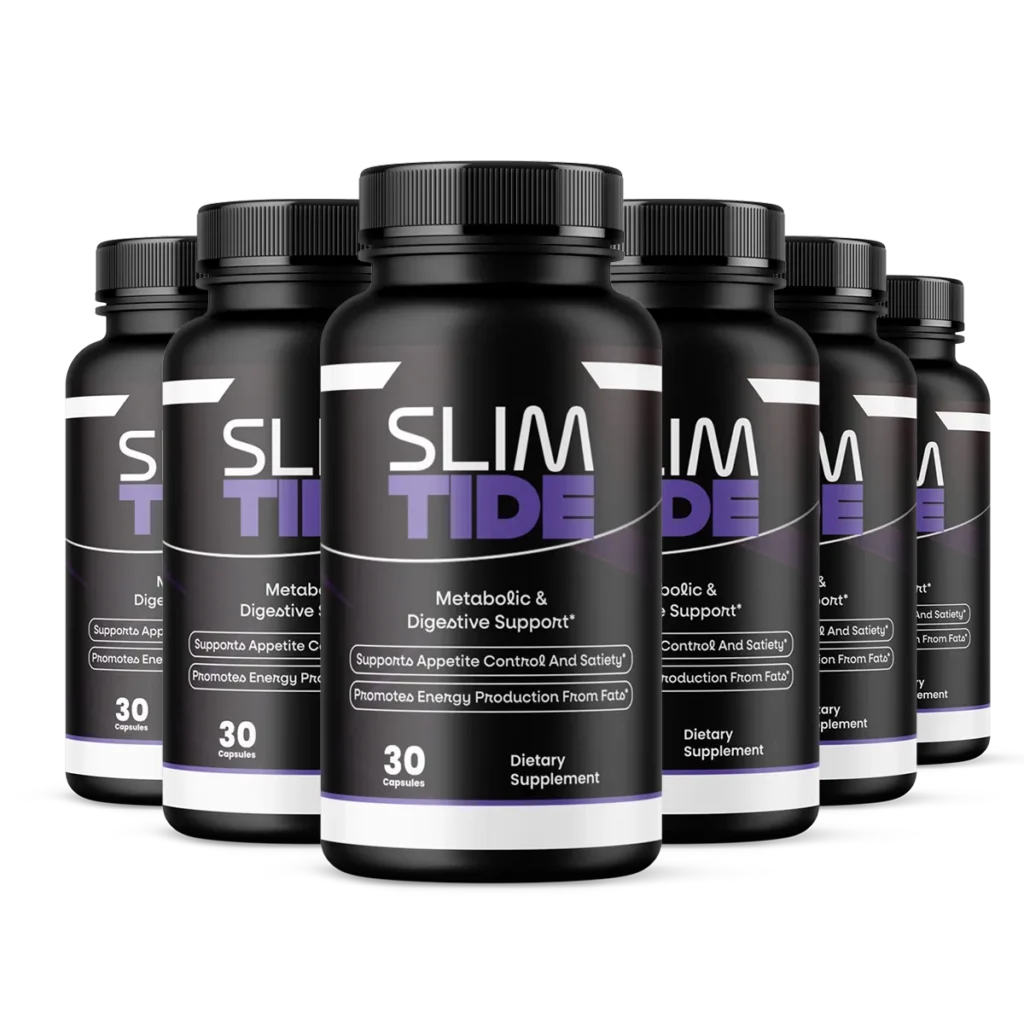 SlimTide bulk savings offer showing six black supplement bottles in a row for long-term weight management.
