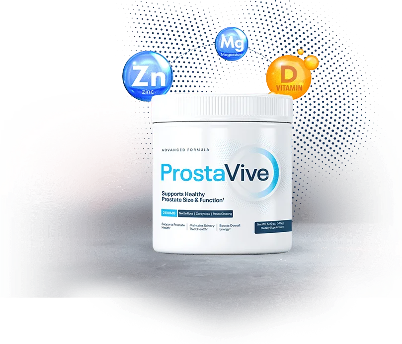 Graphic showing Zinc, Magnesium, and Vitamin D nutrients entering a ProstaVive bottle to illustrate targeted cellular action.