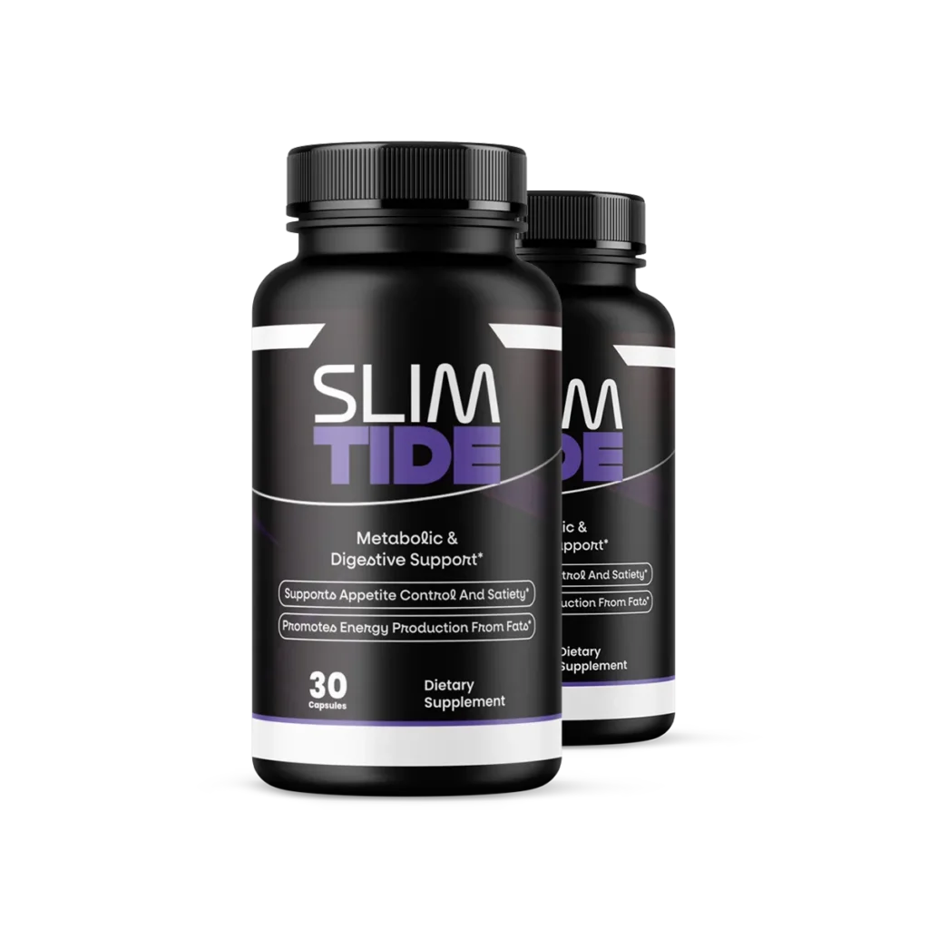 Two bottles package layout of SlimTide supplement with an active blue checkbox marker for checkout validation.
