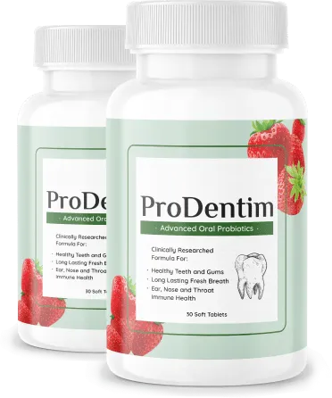 Three bottles combo package display of ProDentim natural advanced oral probiotics for a ninety-day healthy teeth routine.