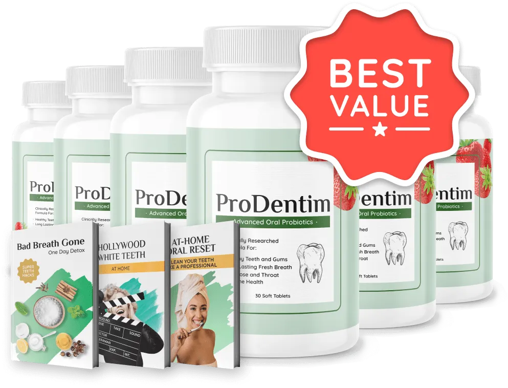Six bottles bulk discount package of ProDentim oral probiotic formula next to digital health guide covers and a red Best Value badge.