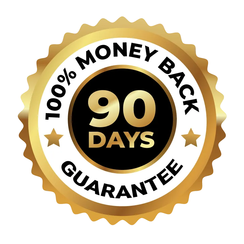 Official Audifort ninety days money-back guarantee gold circular badge ensuring a risk-free purchase policy.