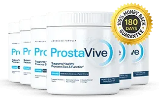 ProstaVive supplement bottle displayed next to an official 180 days money-back guarantee badge for customer reassurance.
